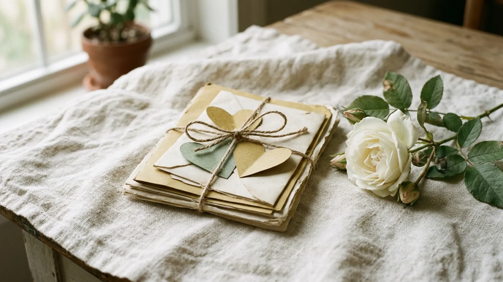 Paper anniversary still life: folded love letters and paper hearts