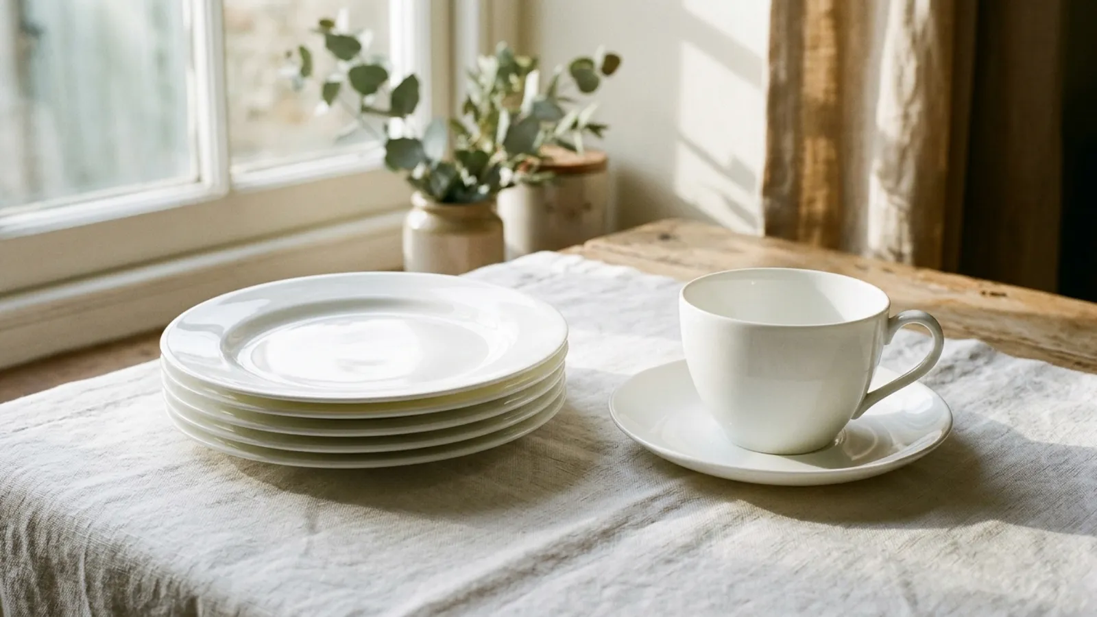 A stack of plain white china plates and a single teacup on a pale linen cloth, side-lit.