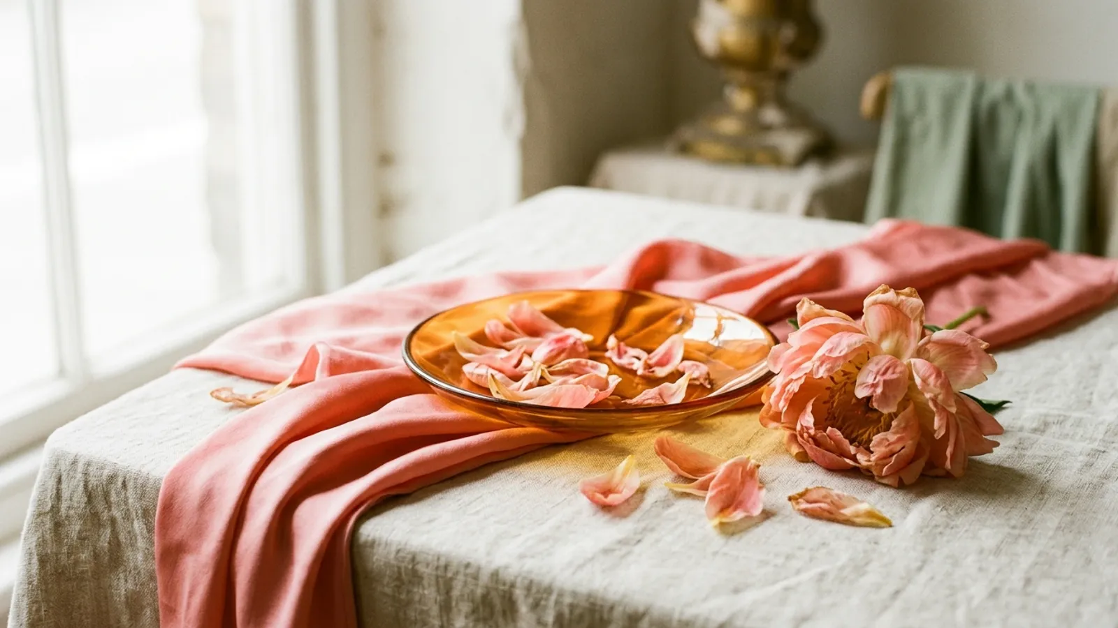 Coral-pink silk, a warm orange glass dish and coral-coloured petals on pale linen.