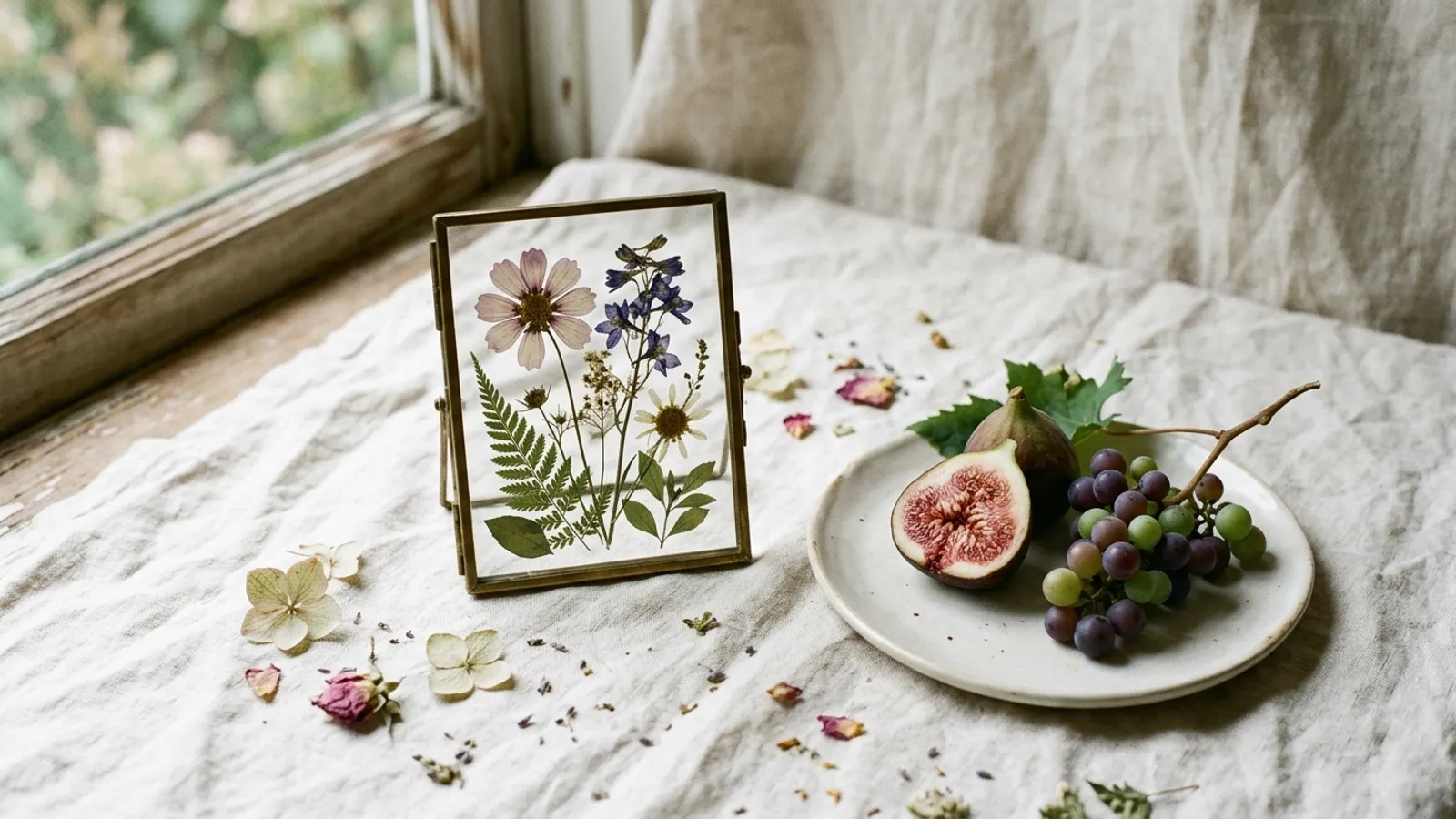 Pressed flowers framed under glass beside a halved fig and grapes on a plate, dried petals scattered across pale linen.