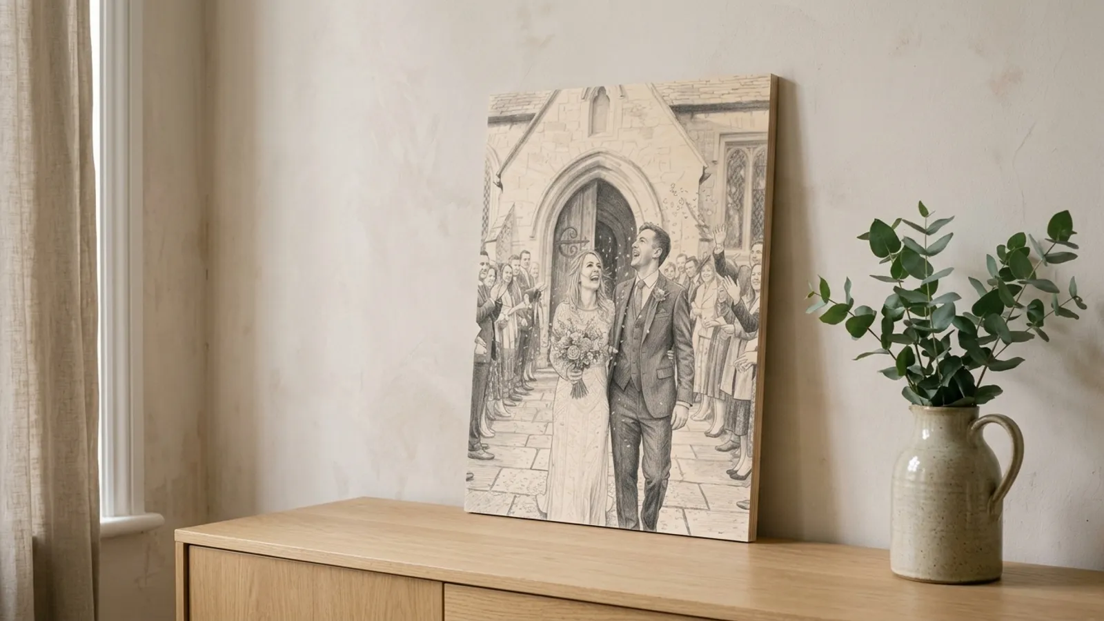 A pencil drawing of a bride and groom in confetti, on an unframed birch plywood panel standing on an oak sideboard beside eucalyptus