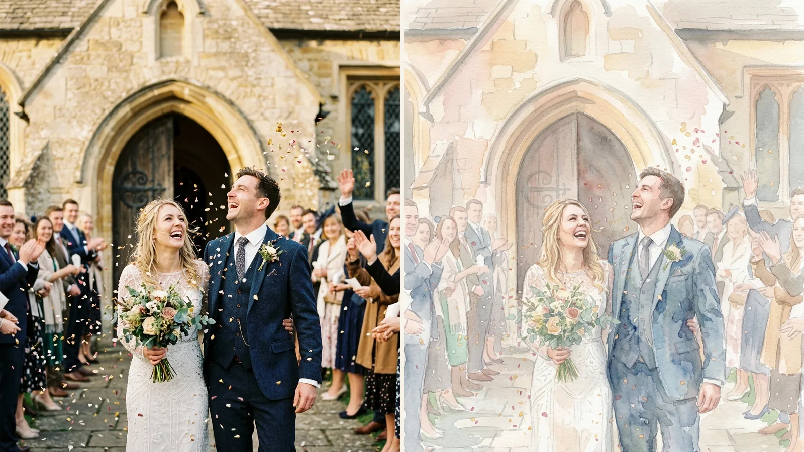 A wedding photograph of a couple in confetti outside a stone church, beside the AI-made watercolour portrait made from it