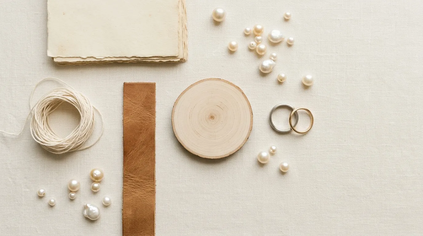 Objects for the early anniversary years - folded paper, cotton thread, a leather tag and a wooden bowl - on linen