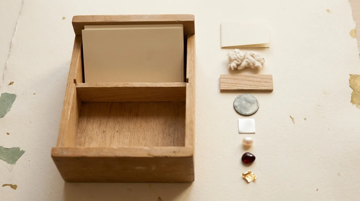 An open wooden card drawer with blank cards, beside an ordered row of anniversary material samples.
