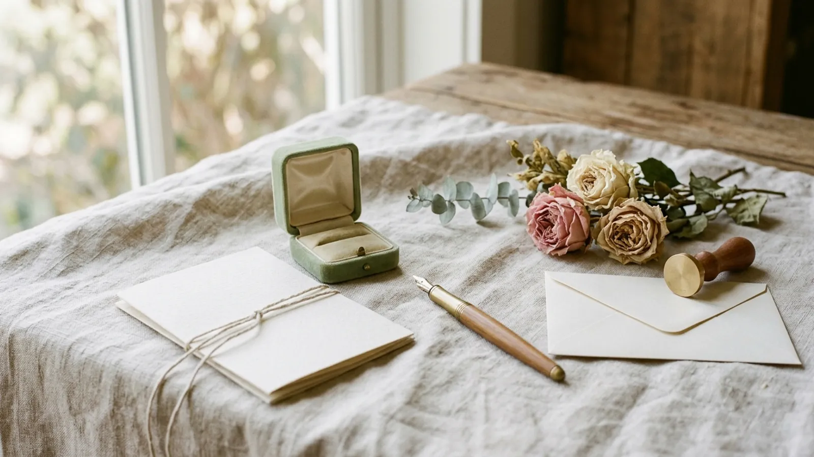An open empty ring box, two blank folded cards tied with twine, a fountain pen and dried roses on a linen cloth in window light