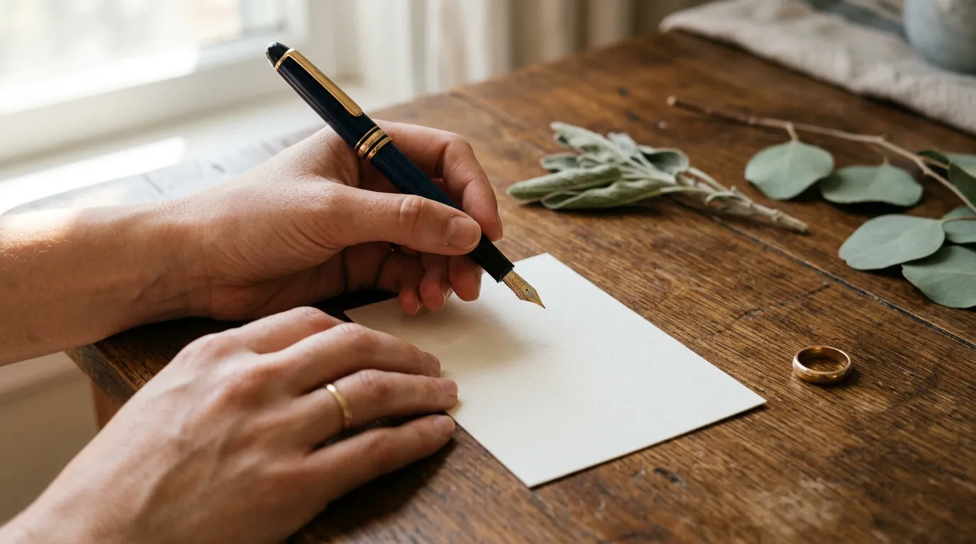 A handwritten vow card and a fountain pen resting on an open notebook beside a sprig of eucalyptus