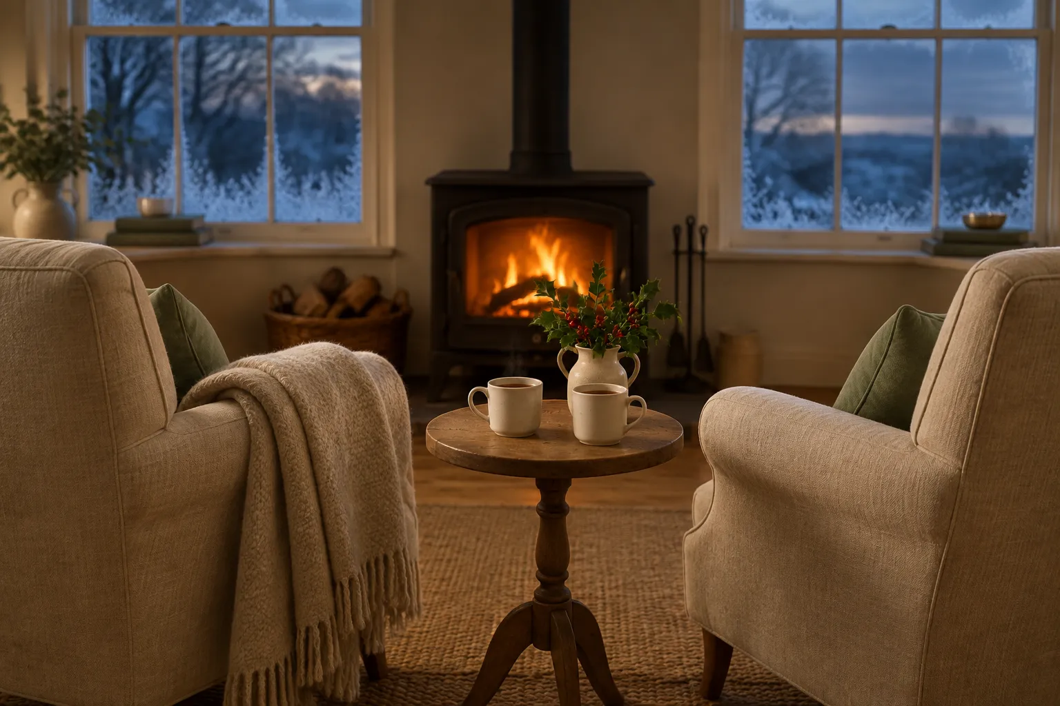 Two armchairs side by side beside a wood-burning stove, a blanket on one arm and two mugs on the table between them at winter dusk.