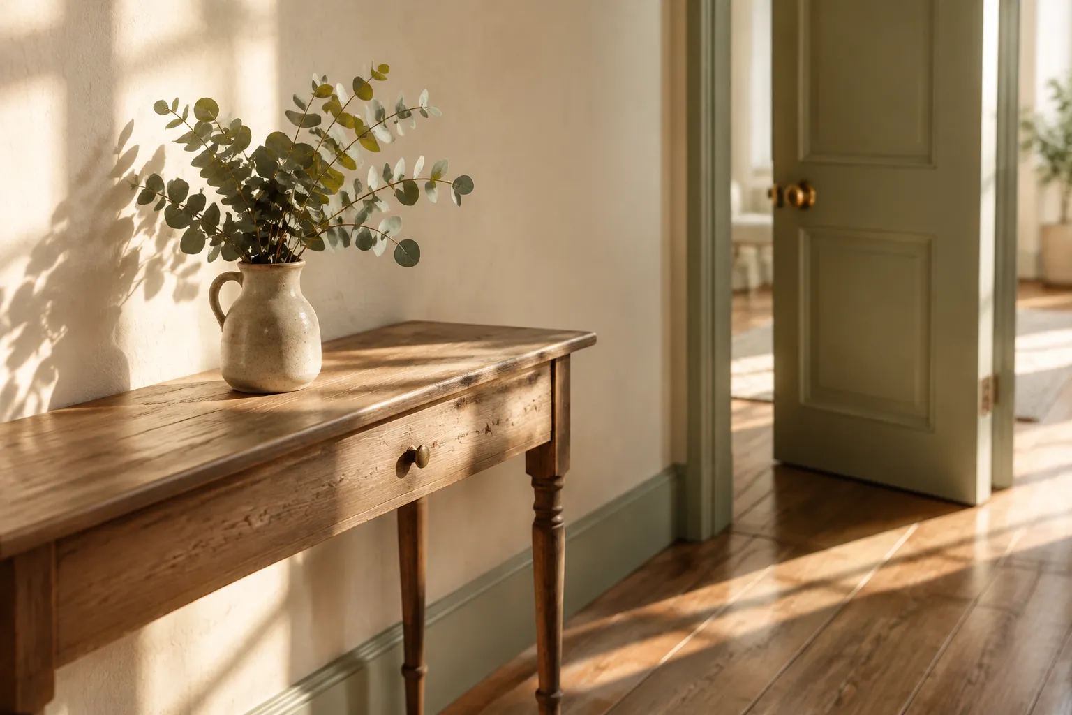 Morning light across an empty wooden hall table with a jug of eucalyptus beside a door left ajar.