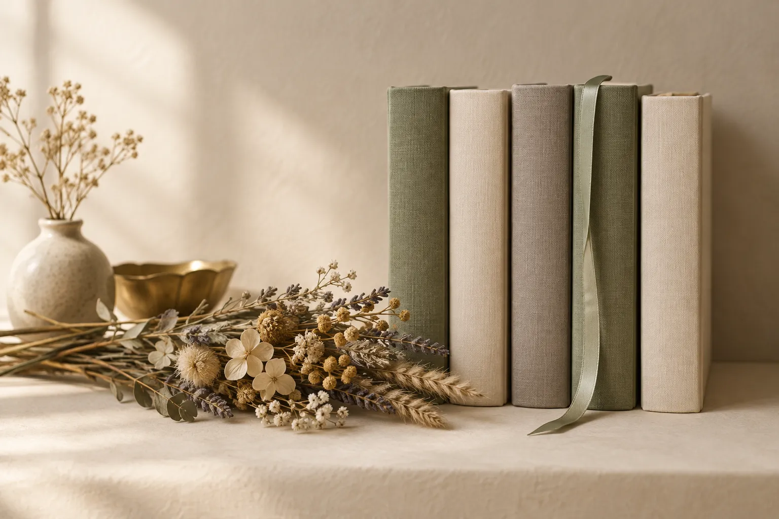 A row of plain cloth-bound books without titles, a ribbon bookmark and dried flowers on a shelf.