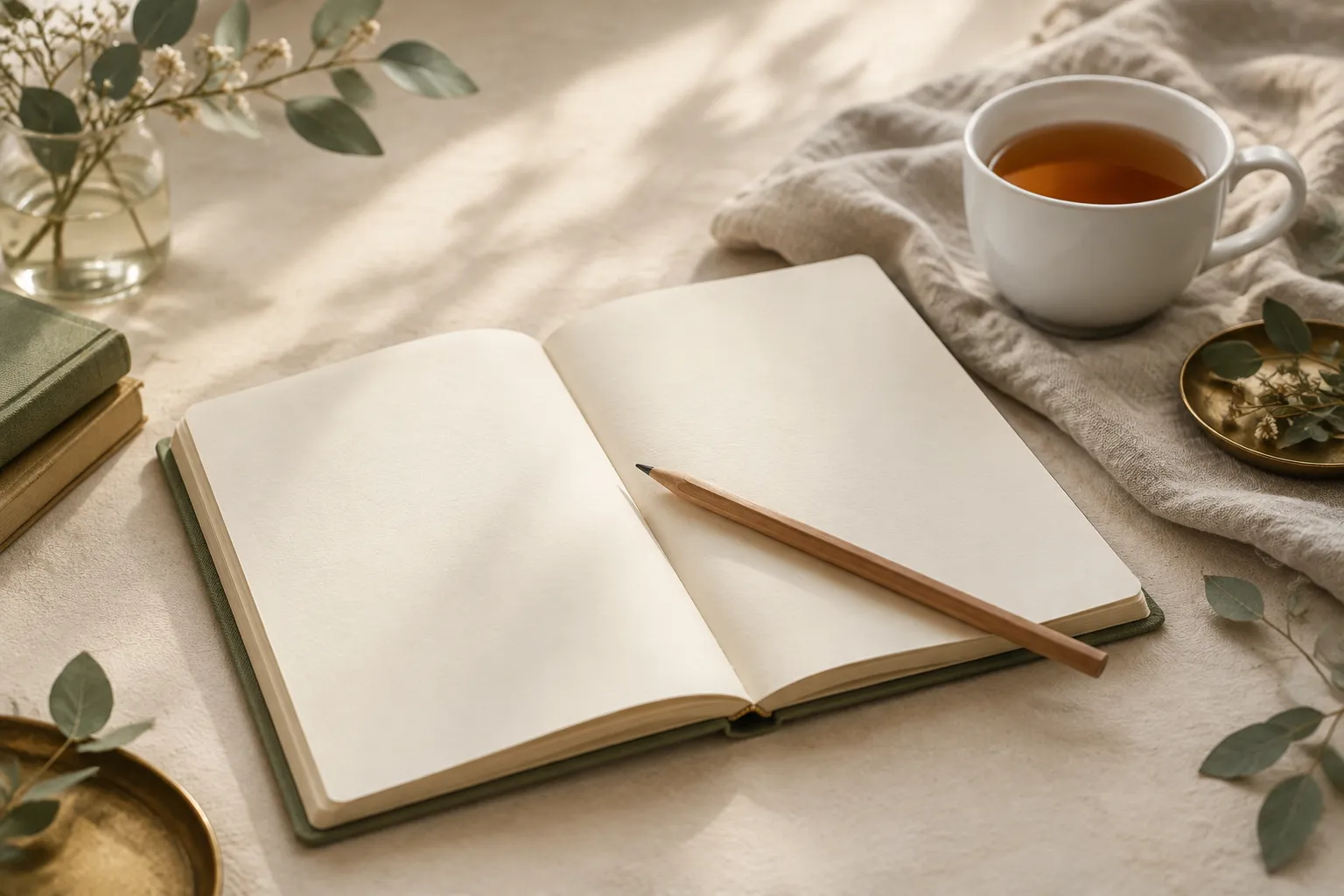 An open notebook with blank pages, a pencil and a cup of tea on a linen cloth in window light.