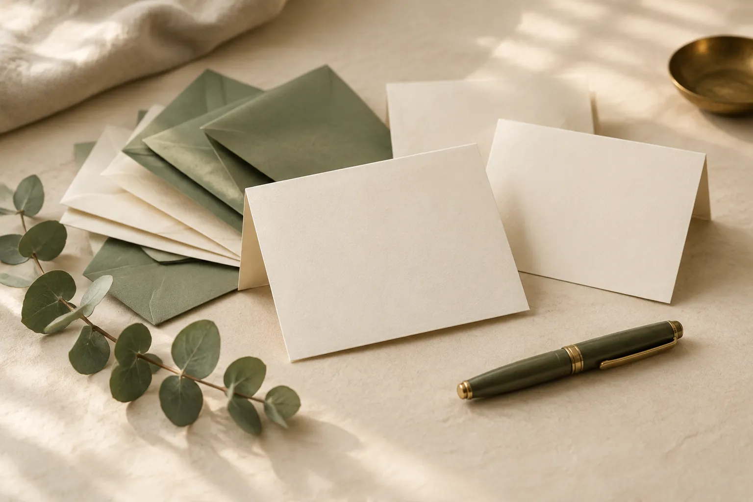 Blank folded cards and envelopes fanned on linen beside a fountain pen and a sprig of eucalyptus.