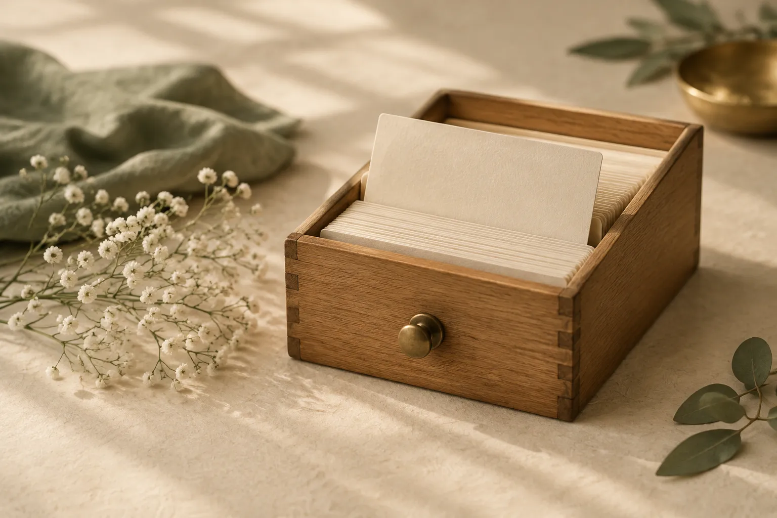 A wooden index-card drawer standing open with blank cream cards, one pulled halfway up.