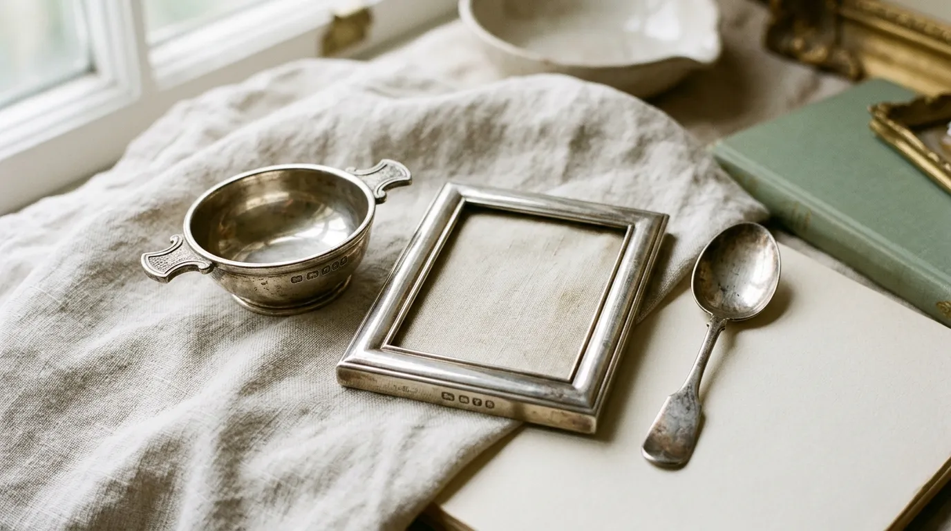 A quaich and a teaspoon in hallmarked silver. An empty photo frame beside them on pale linen.