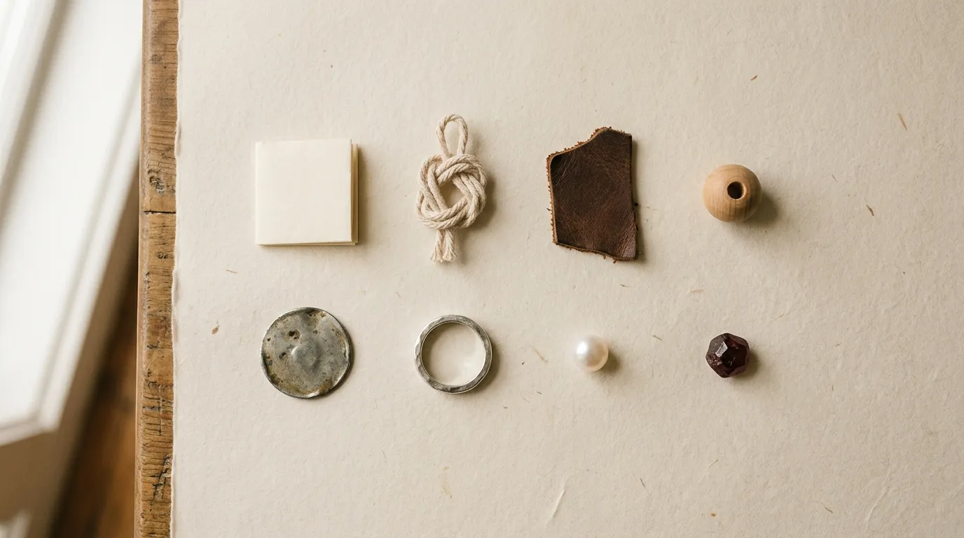 Small symbolic objects - paper, thread, leather, wood, tin, silver, a pearl and a red stone - arranged in a grid.