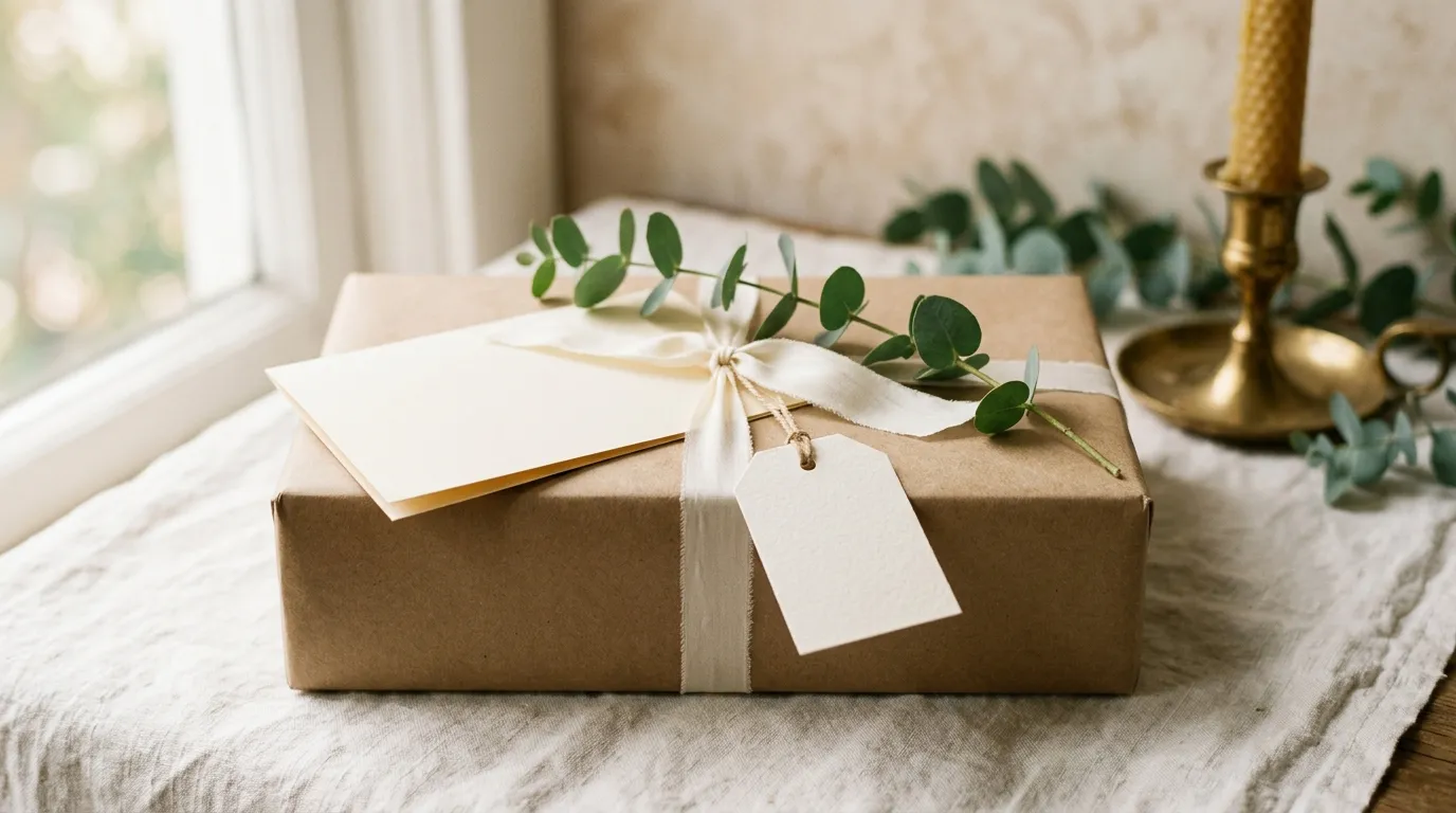A brown-paper parcel tied with ivory ribbon, a blank gift tag and a blank card.