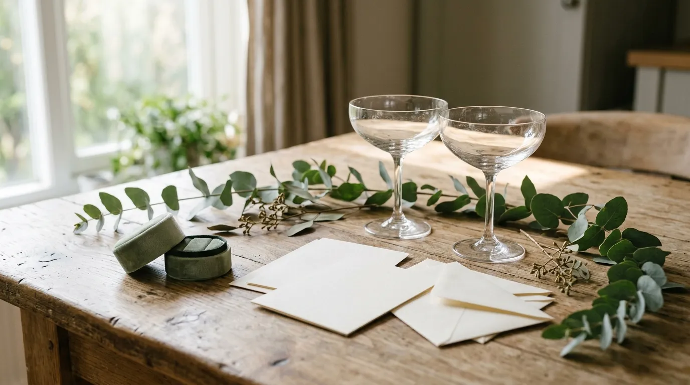 Two empty coupe glasses, an open empty ring box and blank cards on a kitchen table.