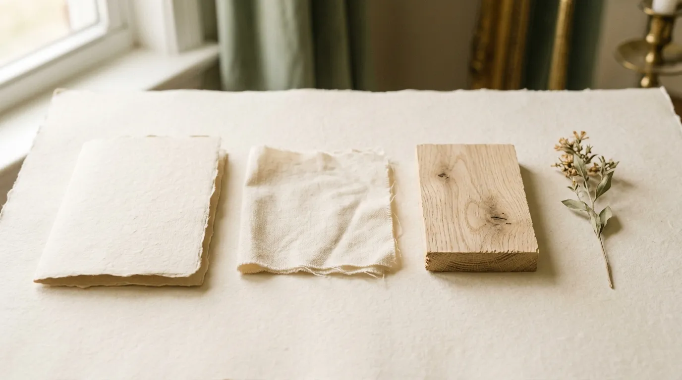 Folded paper, raw cotton cloth and a small piece of pale oak laid out in a row.