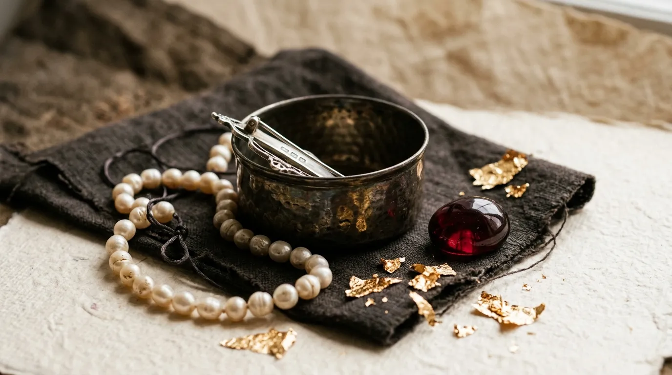 A still life of tin, silver, pearls, a deep red stone and gold leaf on aged linen.