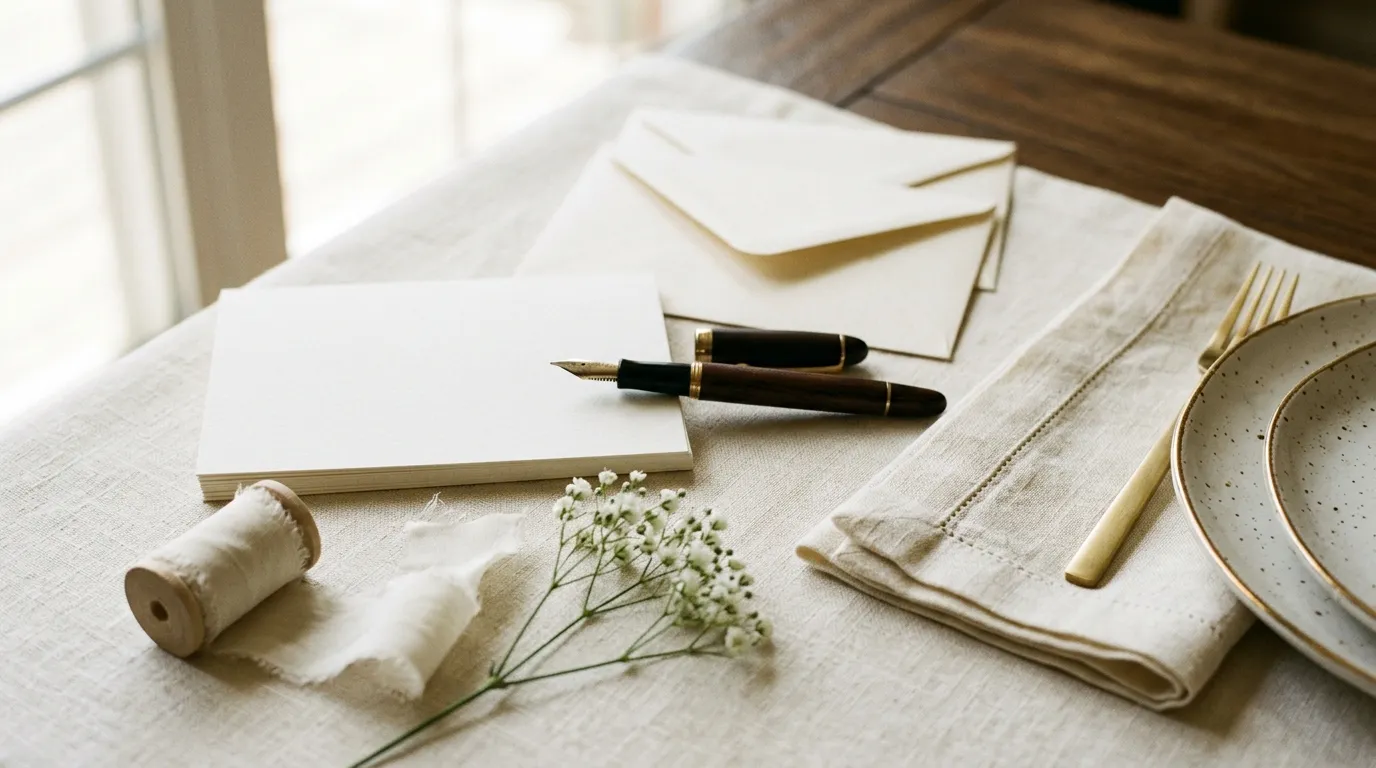 Blank cards, envelopes, a fountain pen and ivory ribbon arranged on a table.
