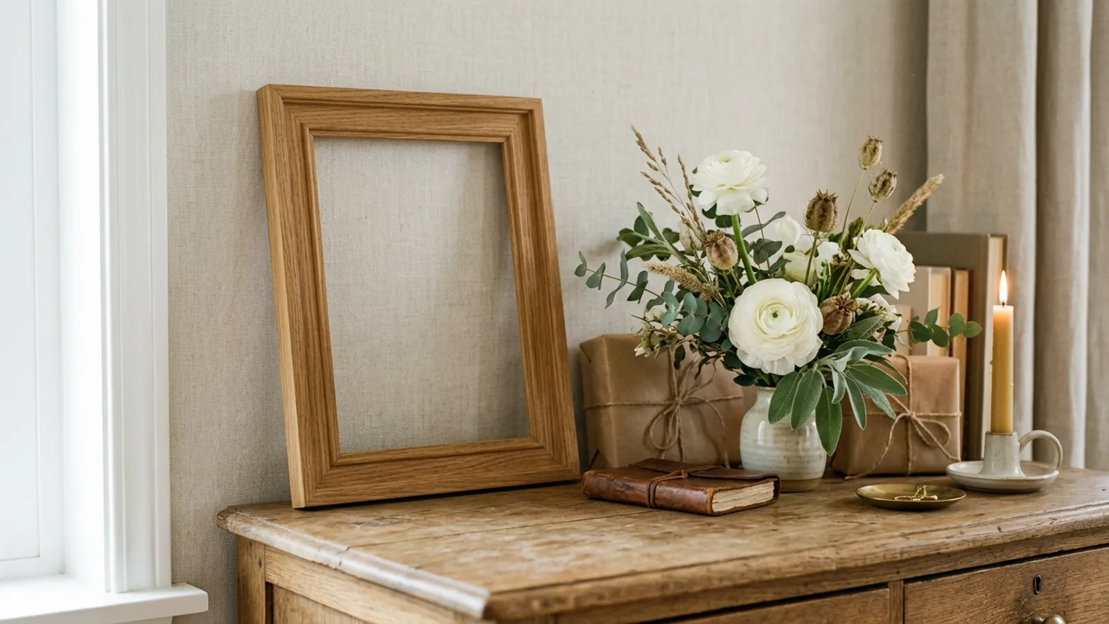 An empty wooden frame among ranunculus and parcels