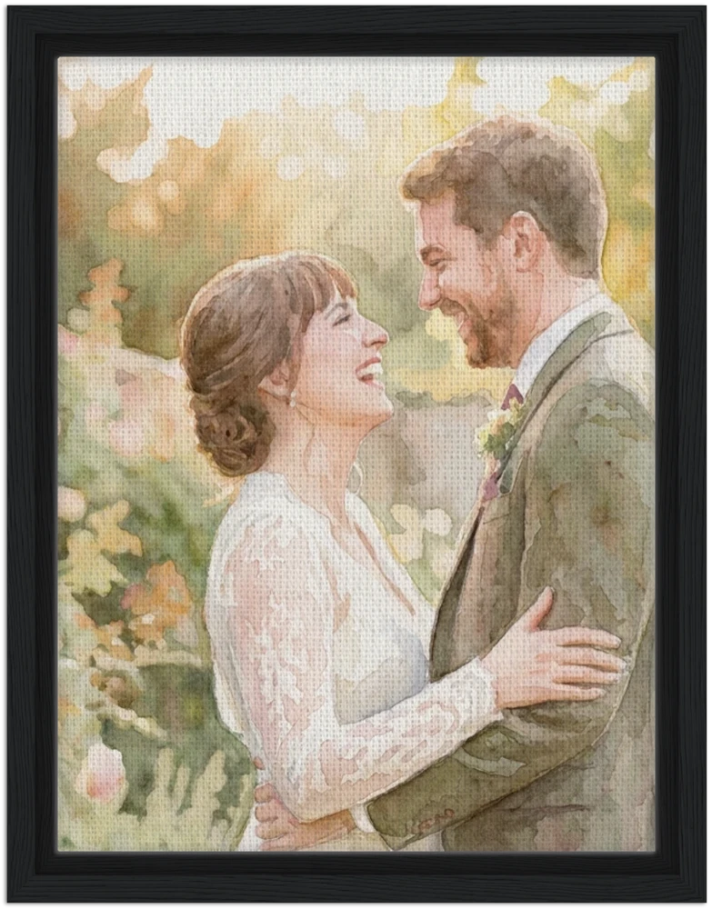 Gelato product render: a watercolour of a laughing bride and groom in a garden on a canvas set inside a black frame