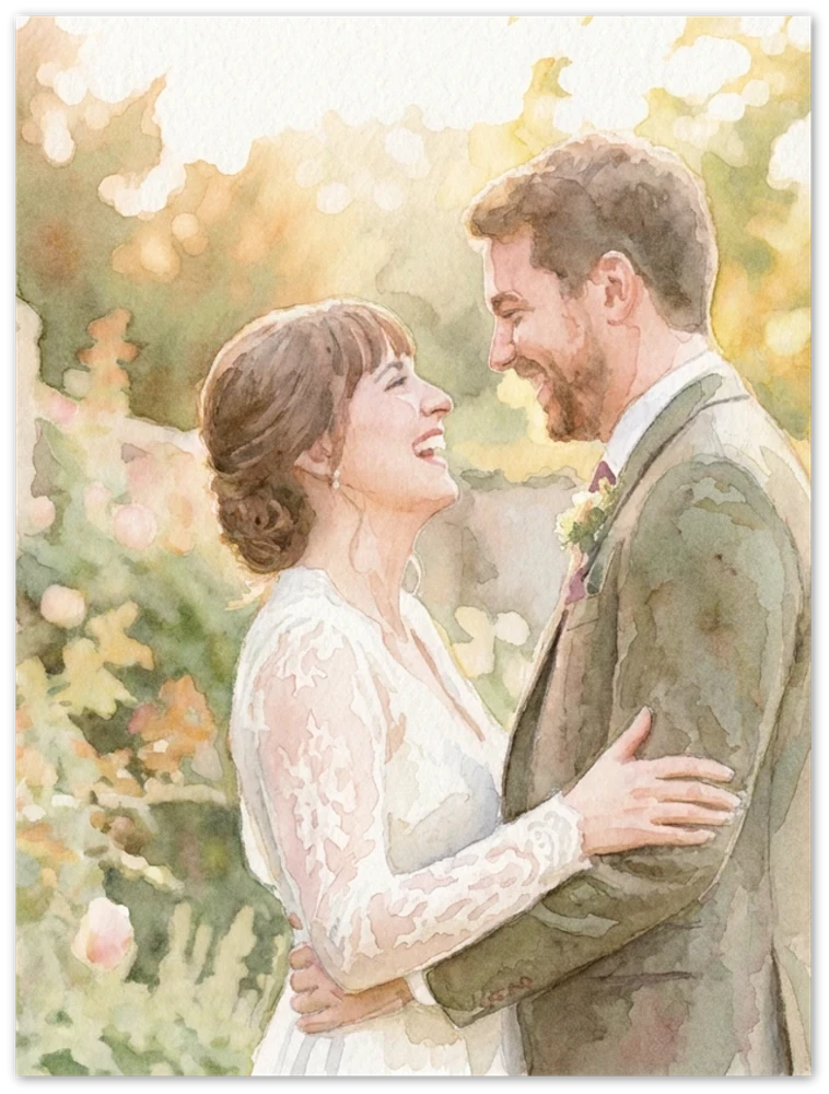 Gelato product render: a watercolour of a laughing bride and groom in a garden printed edge to edge on a frameless metal panel