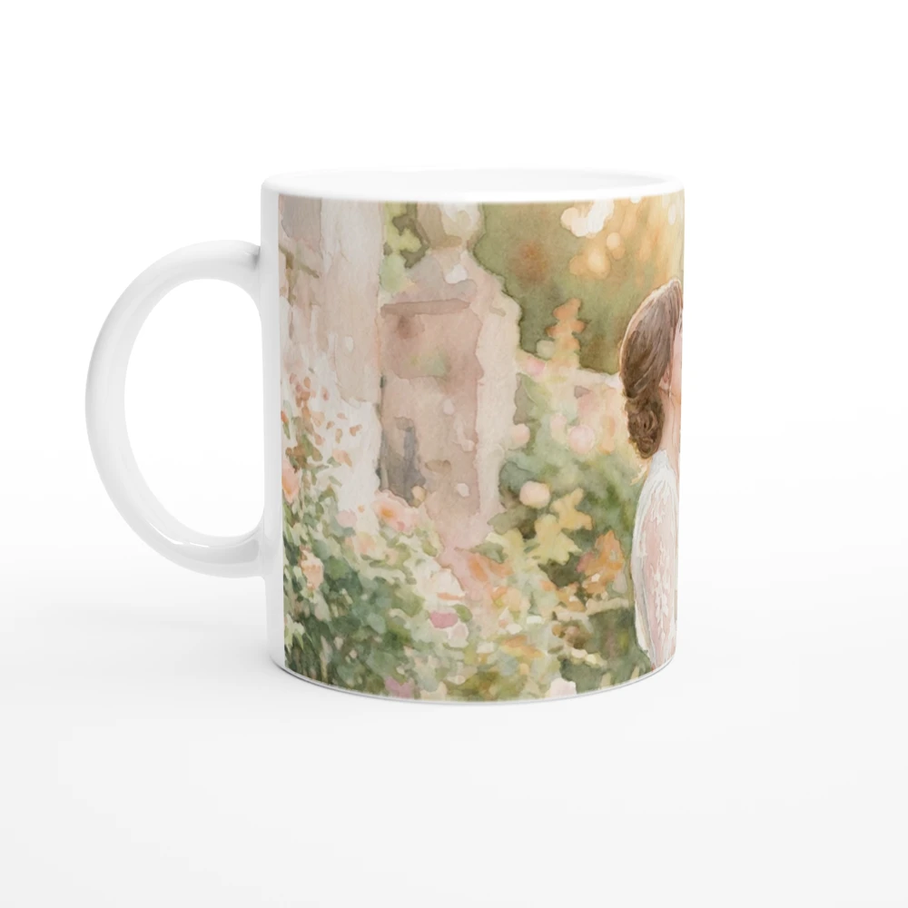 Gelato product render: a watercolour of a laughing bride and groom in a garden printed round the body of a white ceramic mug