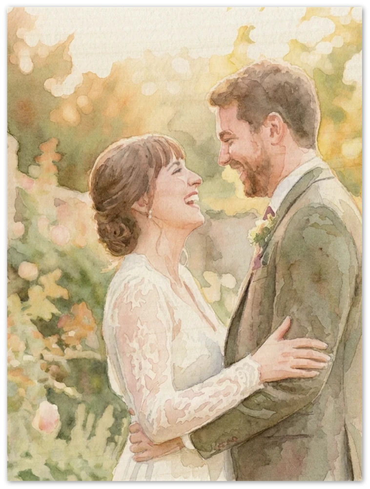 Gelato product render: a watercolour of a laughing bride and groom in a garden printed on a frameless wood panel