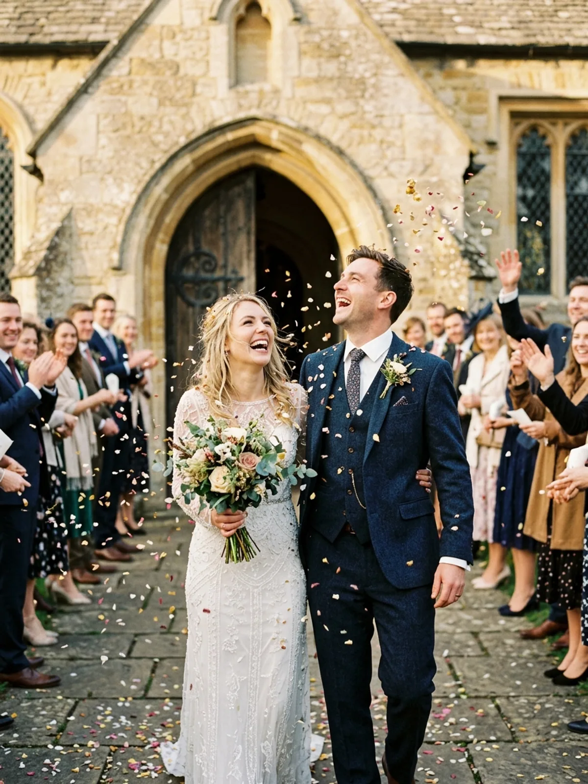 AI-made illustrative source photo of the couple outside a stone church.