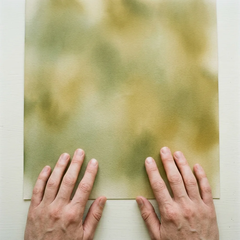 A pair of hands smoothing a print on a table