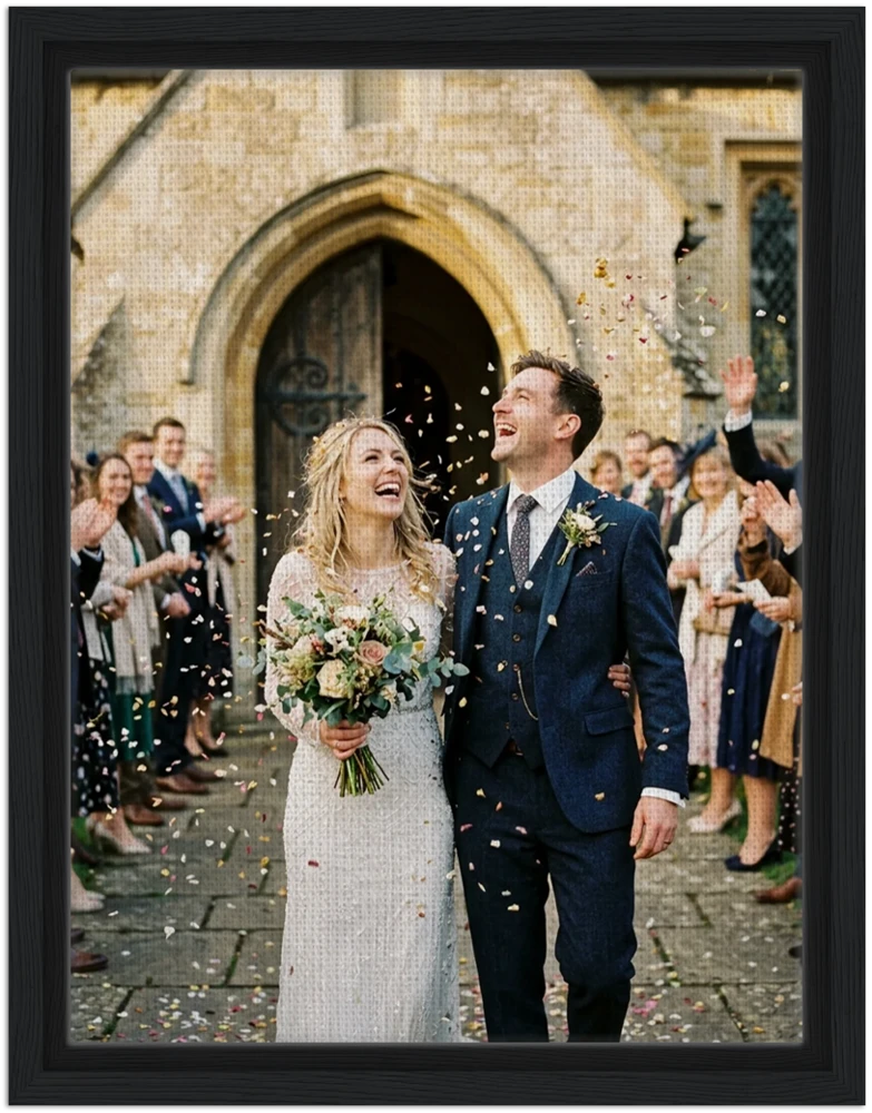 Gelato's render of a framed canvas printed with our AI-made example photo of a couple