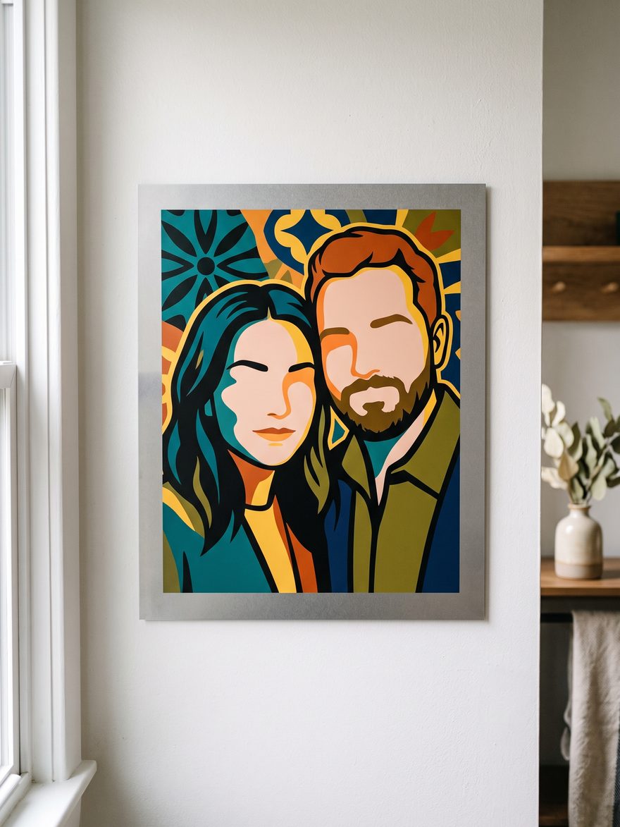 A couple portrait as a pop-art print, printed onto a flat sheet of bare matte metal with a plain square-cut edge.