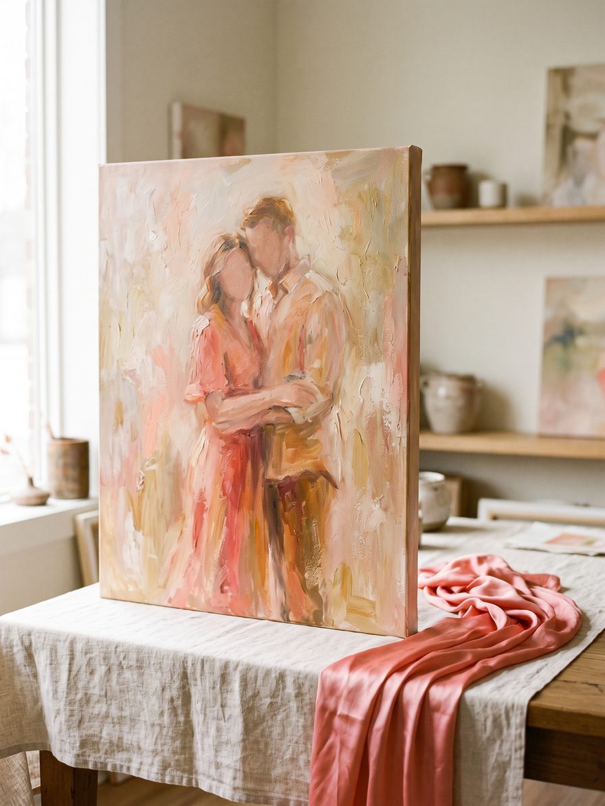 A couple portrait in an oil-painting style, in warm coral-pink and amber on a gallery-wrapped canvas.