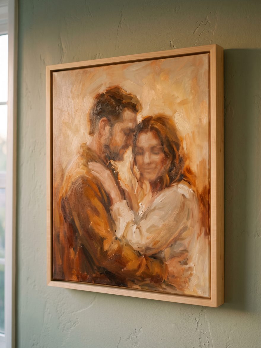 A couple portrait in warm gold and amber oil, framed in plain natural wood in evening light.