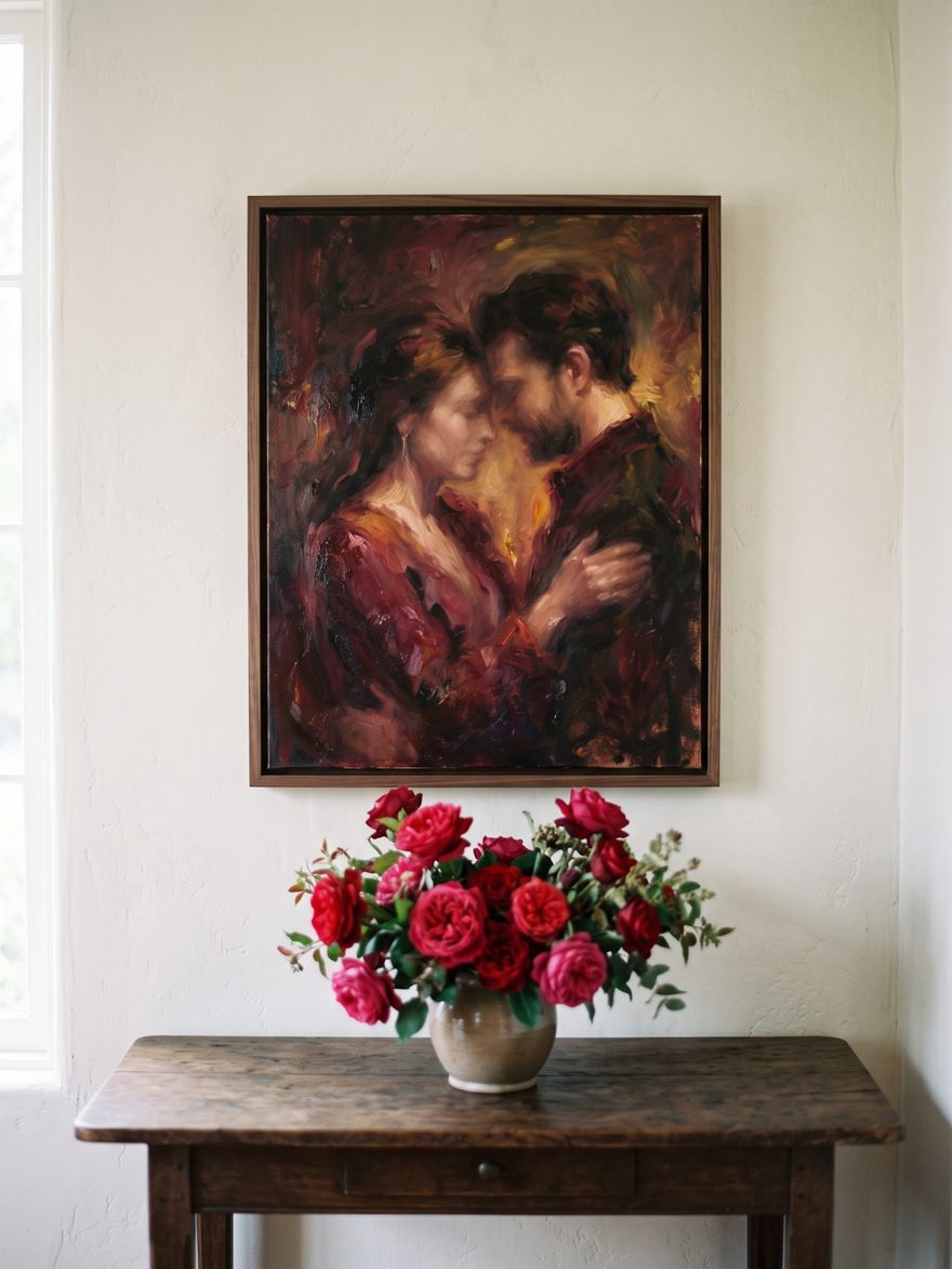 A couple portrait in an oil-painting style, in deep ruby and garnet tones, framed in dark wood.