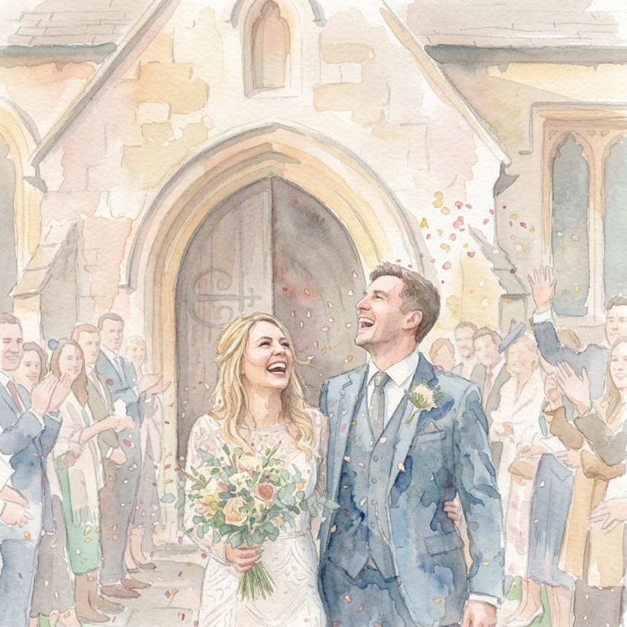 Illustrative watercolour version made from the same AI-generated couple source image.