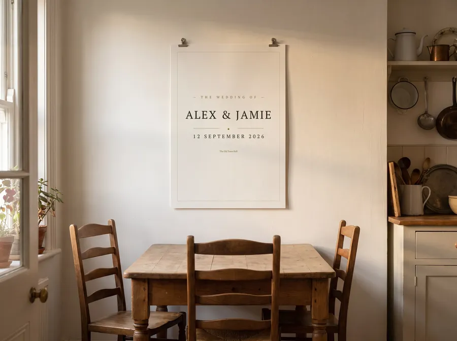 Example: an unframed 70 by 100 centimetre date print on a kitchen wall